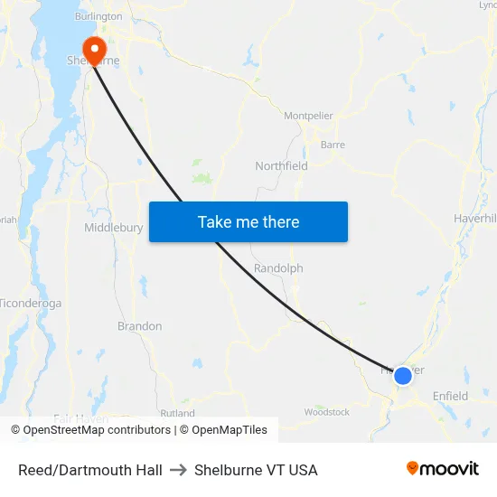 Reed/Dartmouth Hall to Shelburne VT USA map
