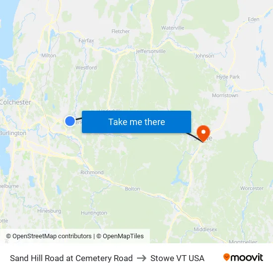 Sand Hill Road at Cemetery Road to Stowe VT USA map