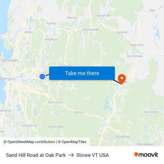 Sand Hill Road at Oak Park to Stowe VT USA map