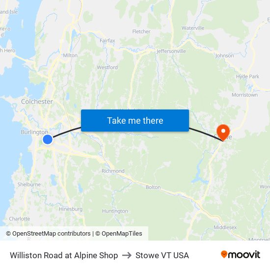 Williston Road at Alpine Shop to Stowe VT USA map