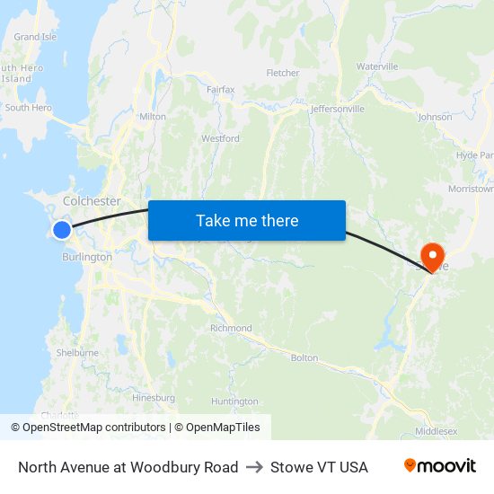 North Avenue at Woodbury Road to Stowe VT USA map