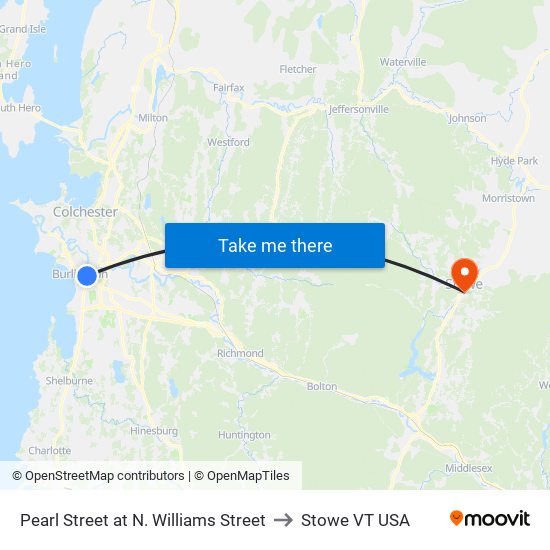 Pearl Street at N. Williams Street to Stowe VT USA map