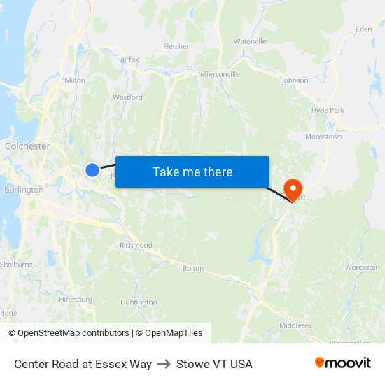 Center Road at Essex Way to Stowe VT USA map