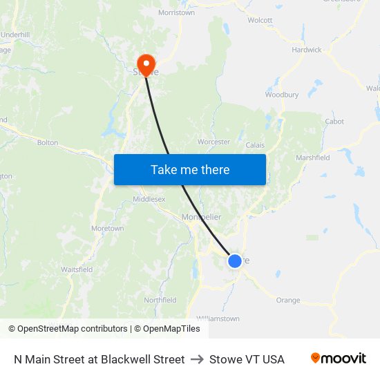 N Main Street at Blackwell Street to Stowe VT USA map