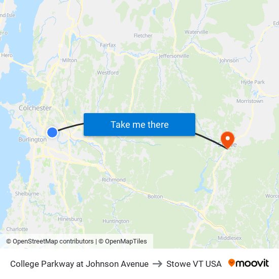 College Parkway at Johnson Avenue to Stowe VT USA map