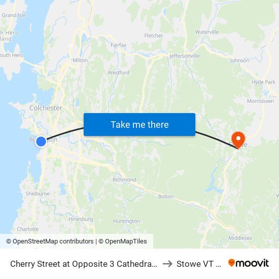 Cherry Street at Opposite 3 Cathedral Square to Stowe VT USA map