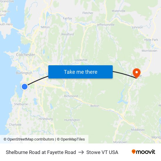 Shelburne Road at Fayette Road to Stowe VT USA map