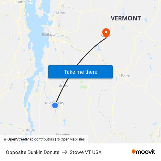 Opposite Dunkin Donuts to Stowe VT USA map