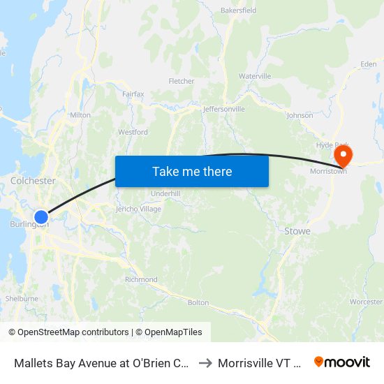 Mallets Bay Avenue at O'Brien Center to Morrisville VT USA map