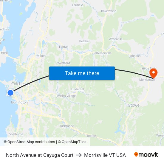 North Avenue at Cayuga Court to Morrisville VT USA map