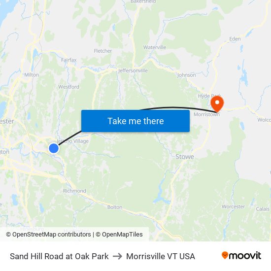 Sand Hill Road at Oak Park to Morrisville VT USA map