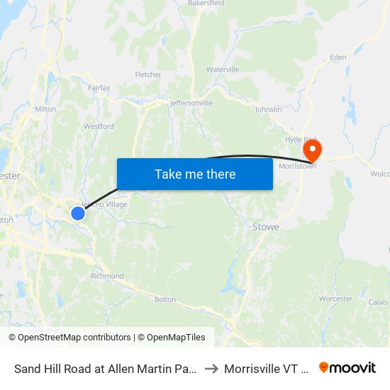 Sand Hill Road at Allen Martin Parkway to Morrisville VT USA map