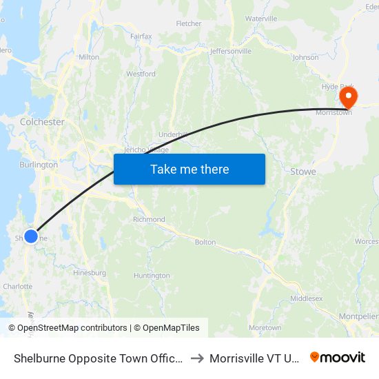 Shelburne Opposite Town Offices to Morrisville VT USA map