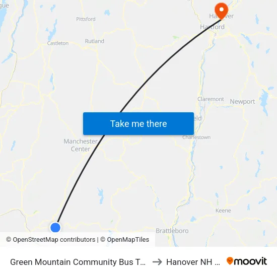 Green Mountain Community Bus Terminal to Hanover NH USA map