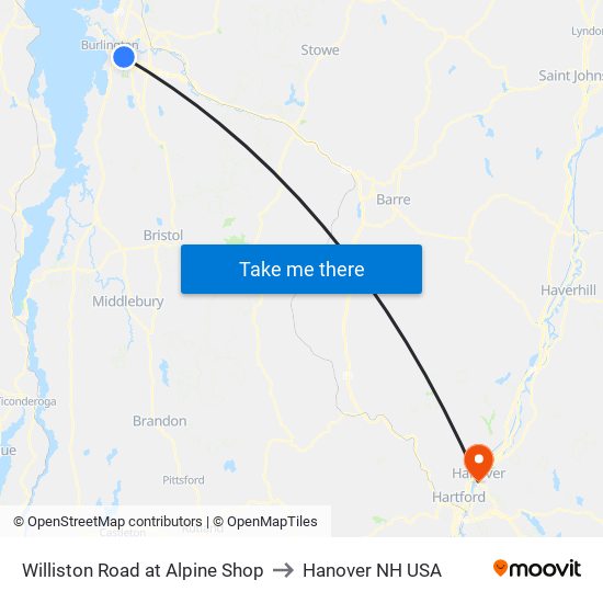 Williston Road at Alpine Shop to Hanover NH USA map