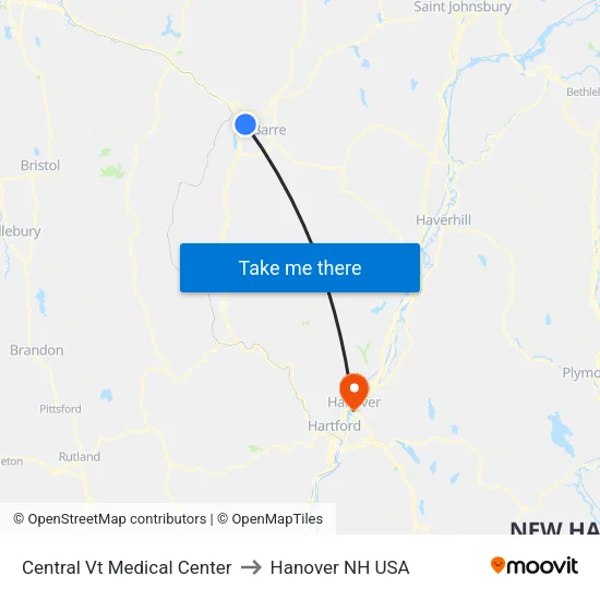 Central Vt Medical Center to Hanover NH USA map
