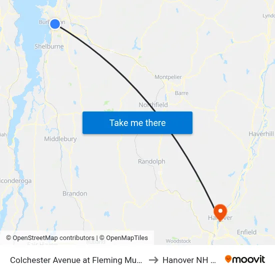 Colchester Avenue at Fleming Museum to Hanover NH USA map