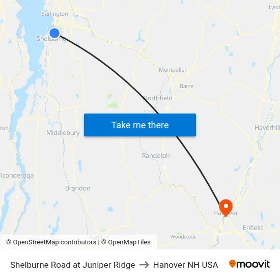 Shelburne Road at Juniper Ridge to Hanover NH USA map