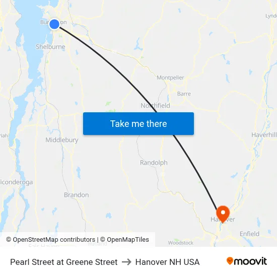 Pearl Street at Greene Street to Hanover NH USA map