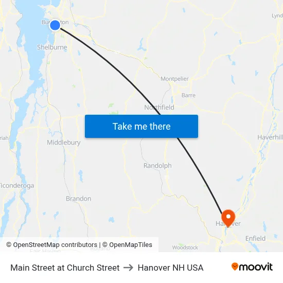 Main Street at Church Street to Hanover NH USA map