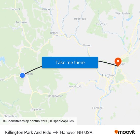 Killington Park And Ride to Hanover NH USA map