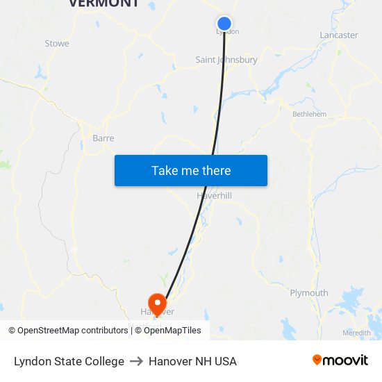 Lyndon State College to Hanover NH USA map