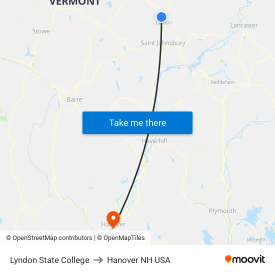 Vermont State University - Lyndon Campus to Hanover NH USA map