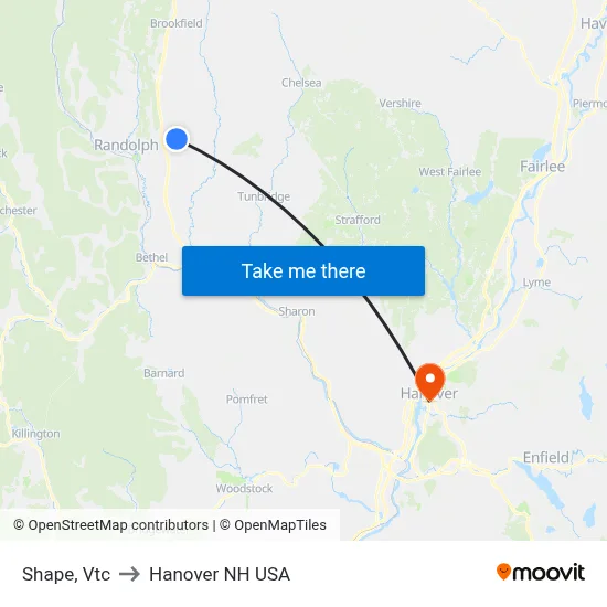 Shape, Vtc to Hanover NH USA map