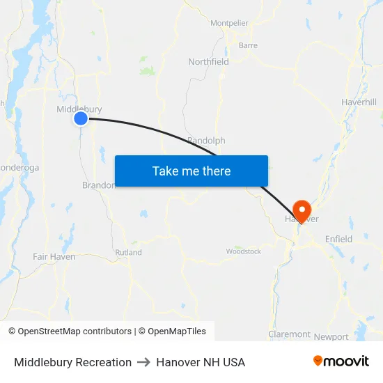 Middlebury Recreation to Hanover NH USA map