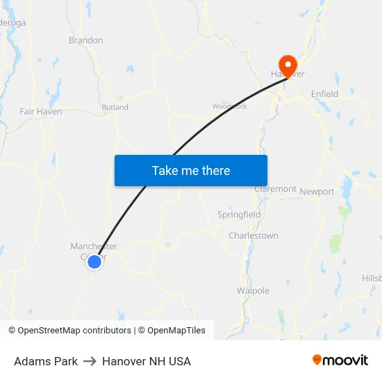 Adams Park to Hanover NH USA map