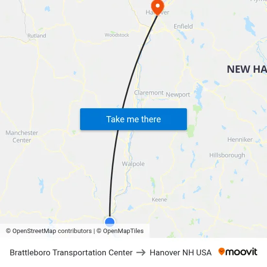 Brattleboro Transportation Center to Hanover NH USA map