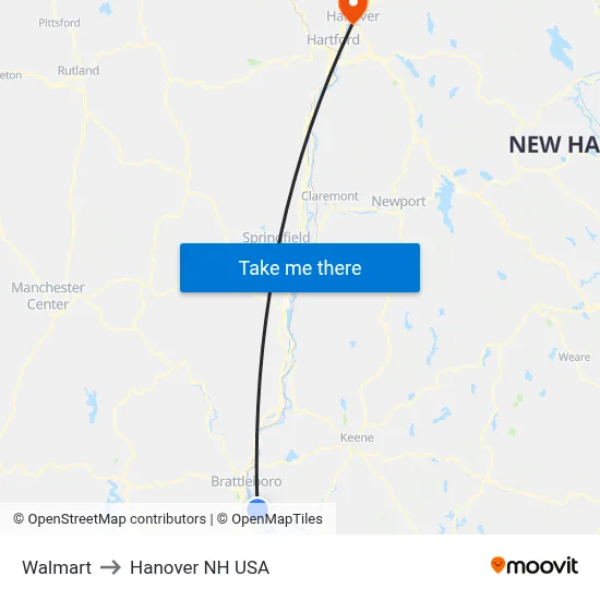 Walmart to Hanover NH USA map