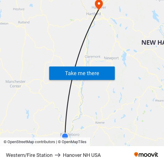 Western/Fire Station to Hanover NH USA map