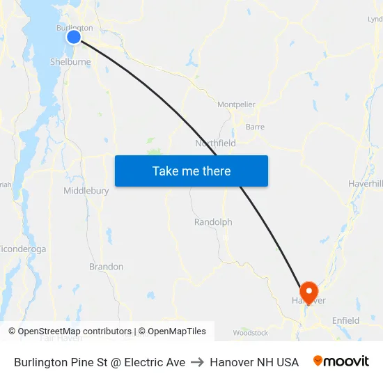 Burlington Pine St @ Electric Ave to Hanover NH USA map