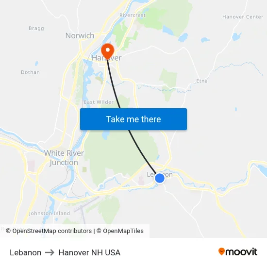 Lebanon to Hanover NH USA map