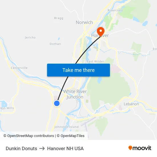 Dunkin Donuts to Hanover NH USA map