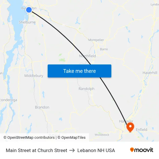 Main Street at Church Street to Lebanon NH USA map