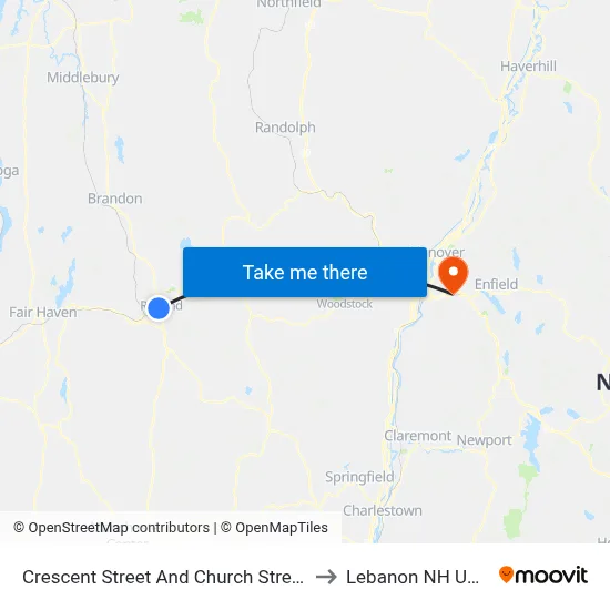 Crescent Street And Church Street to Lebanon NH USA map