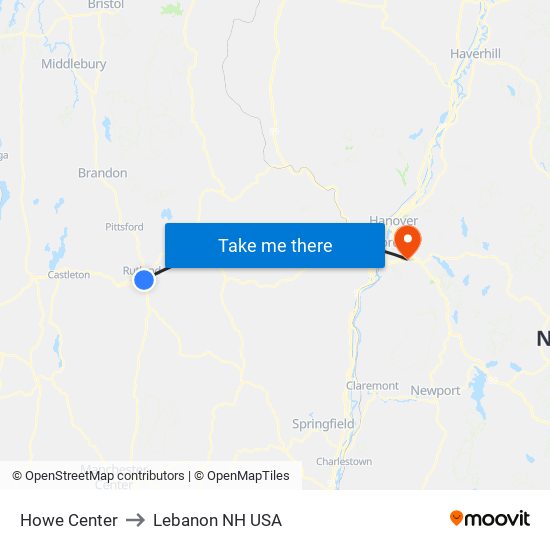 Howe Center to Lebanon NH USA map