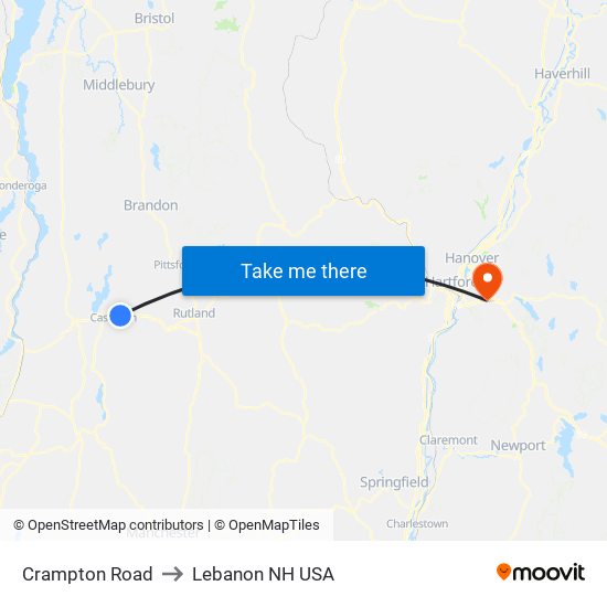 Crampton Road to Lebanon NH USA map