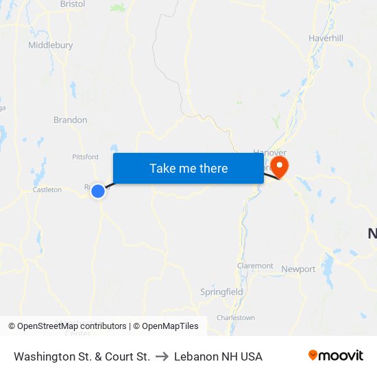 Washington St. & Court St. to Lebanon NH USA map