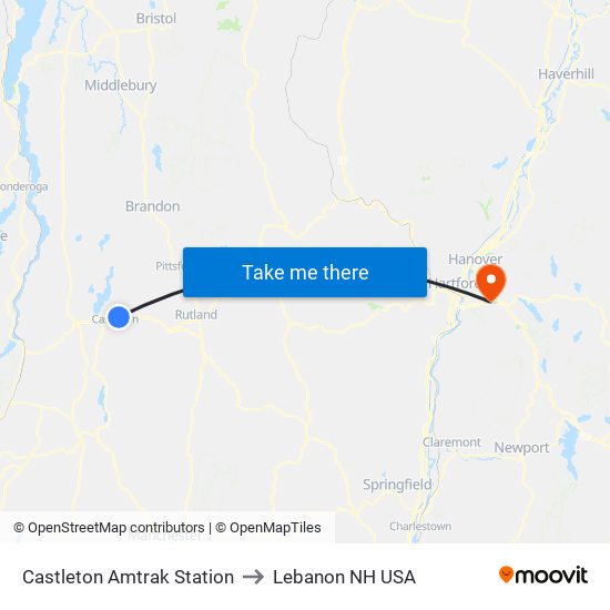 Castleton Amtrak Station to Lebanon NH USA map