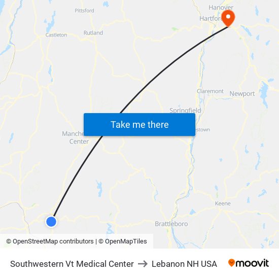 Southwestern Vt Medical Center to Lebanon NH USA map