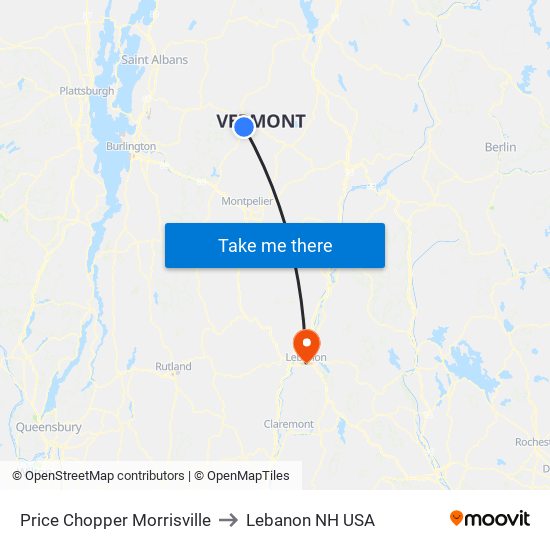 Price Chopper Morrisville to Lebanon NH USA map