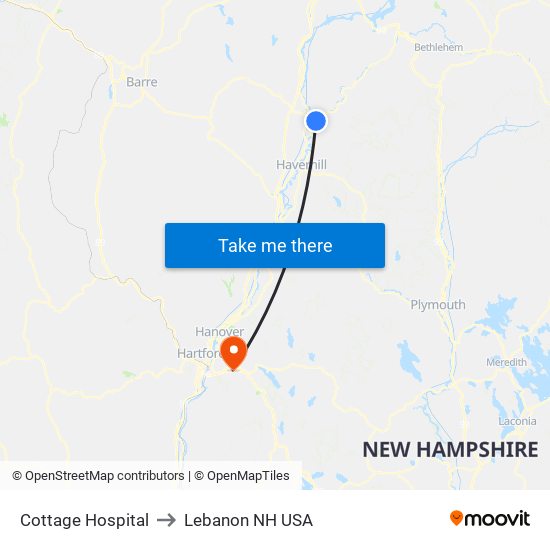 Cottage Hospital to Lebanon NH USA map