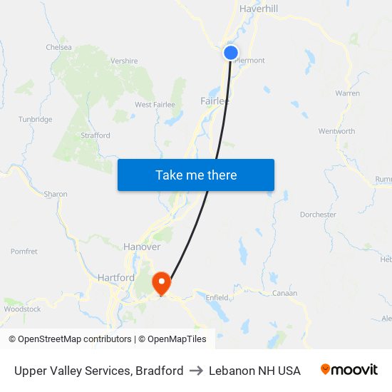 Upper Valley Services, Bradford to Lebanon NH USA map