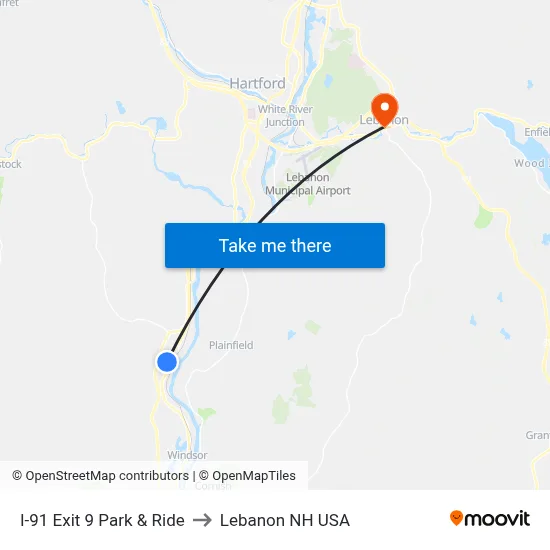 I-91 Exit 9 Park & Ride to Lebanon NH USA map