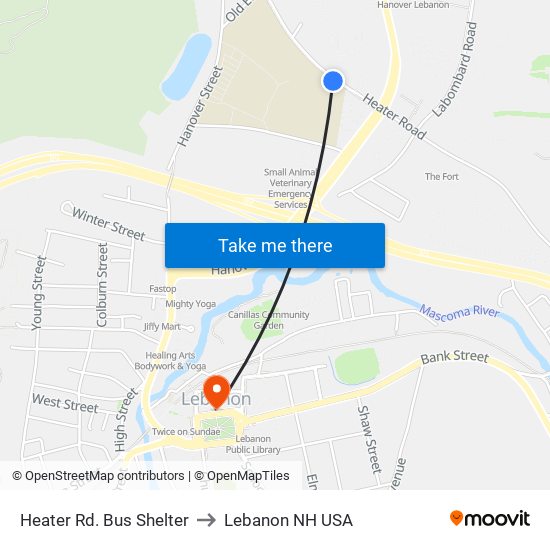 Heater Rd. Bus Shelter to Lebanon NH USA map