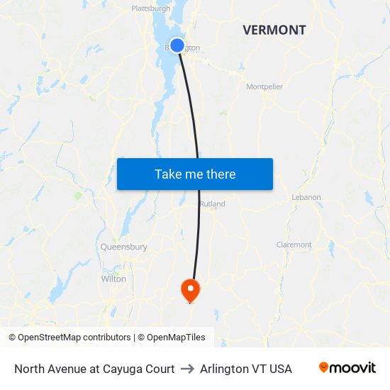 North Avenue at Cayuga Court to Arlington VT USA map