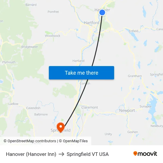 Hanover (Hanover Inn) to Springfield VT USA map